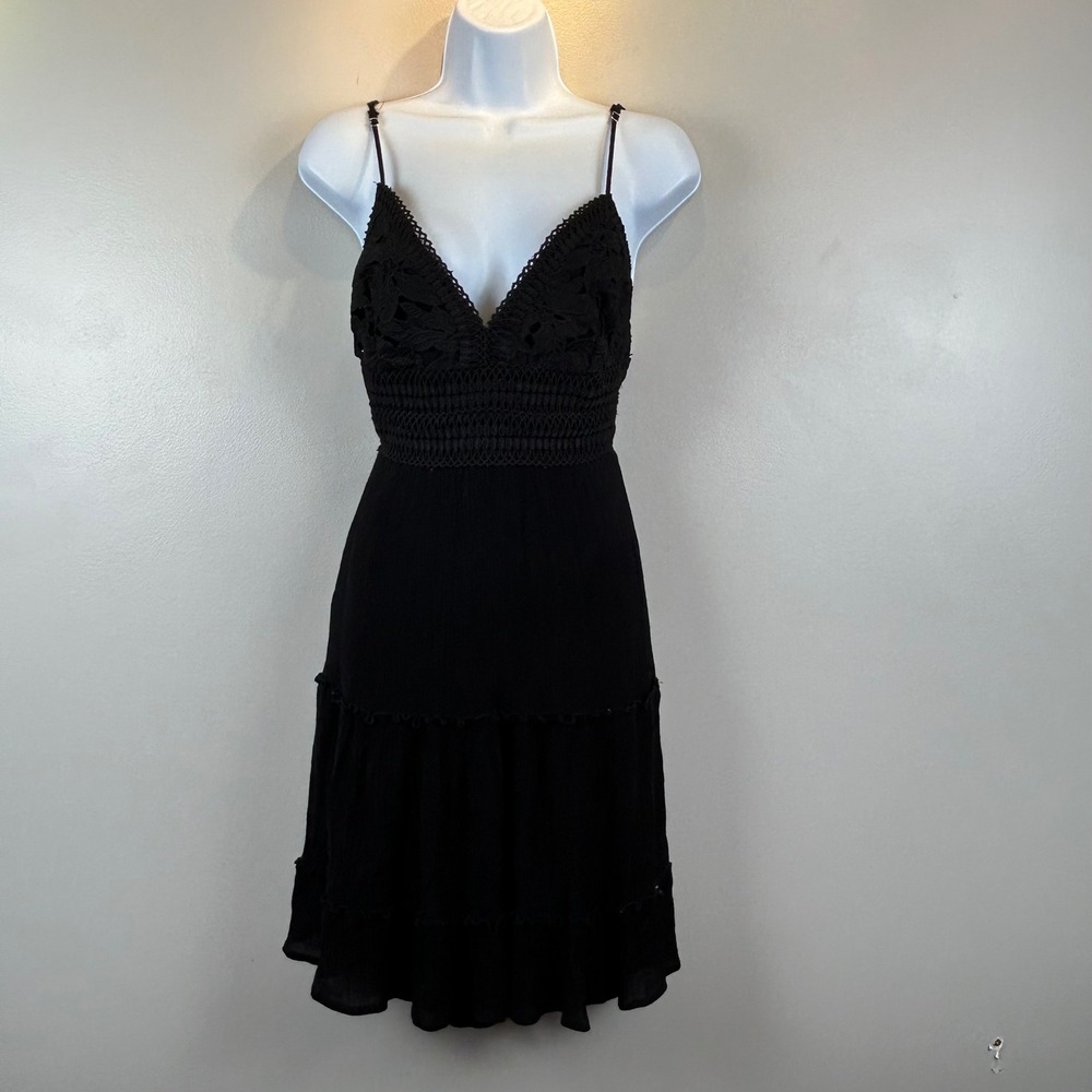 Black Crochet Lace Tiered Mini Dress Tie Back Cutout Boho Summer Festival M‎